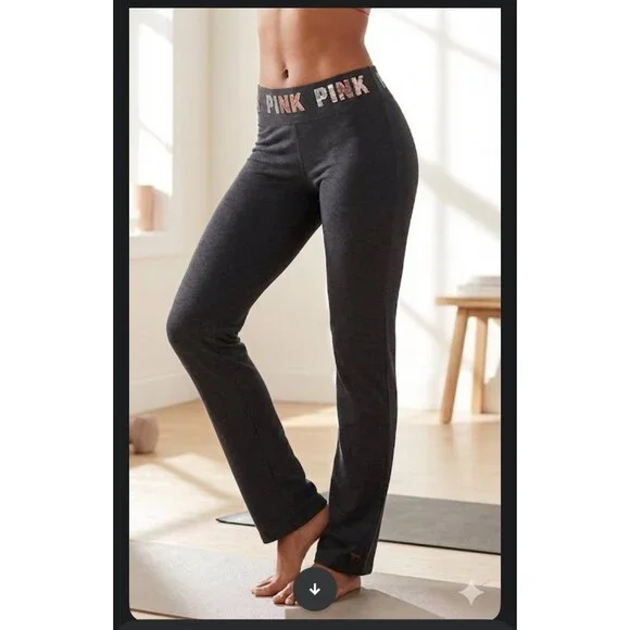 Victoria's Secret "PINK" Yoga Pants; Dark Gray w/Sequin Waistband - NEW! Size Lg - Picture 1 of 9